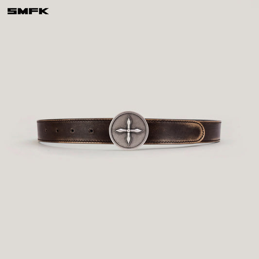 COMPASS CIRCULAR BADGE HANDCRAFT PATINA LEATHER BELT CARAMEL PATINA