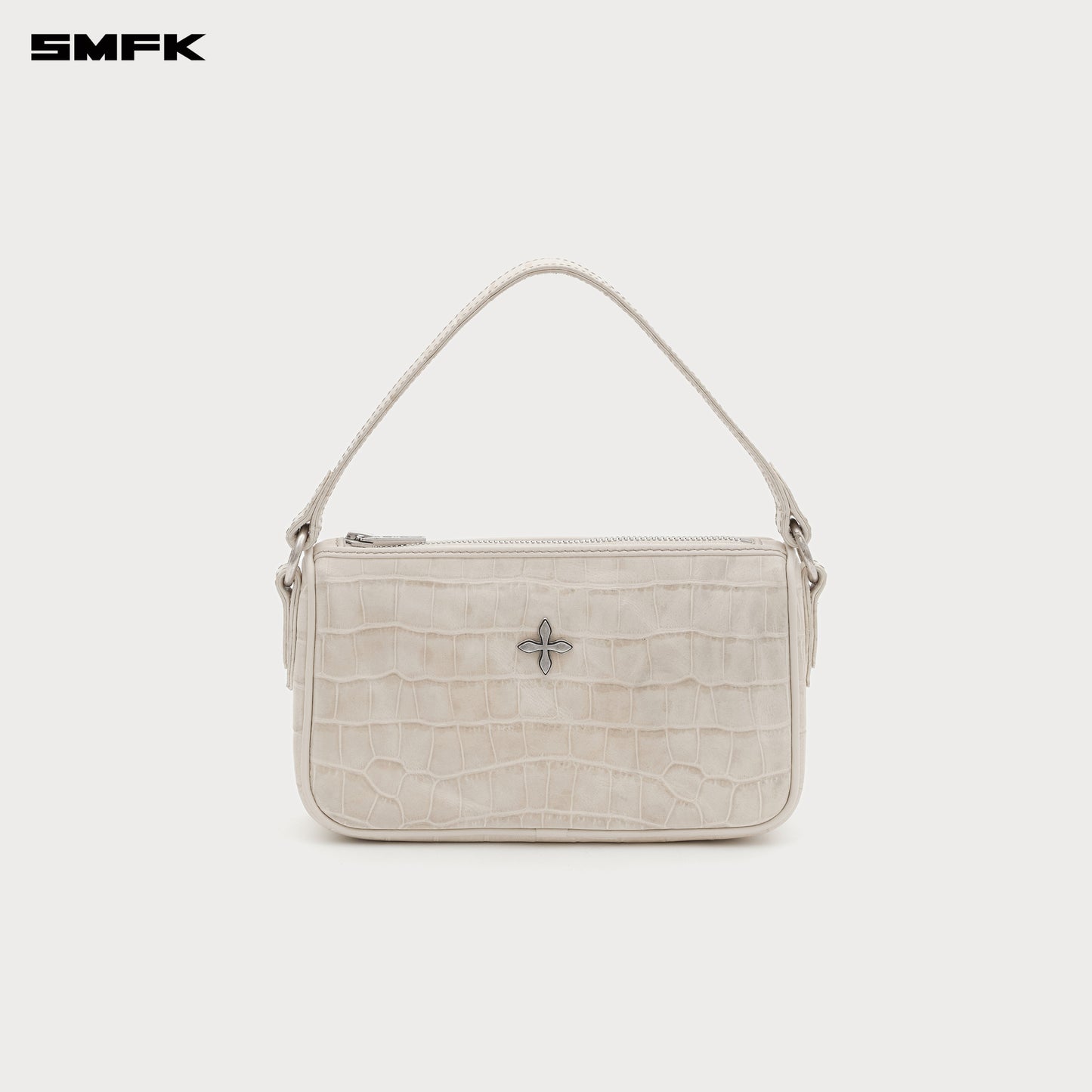 COMPASS BADGE HOLDER cross badge leather tote bag, small White crocodile