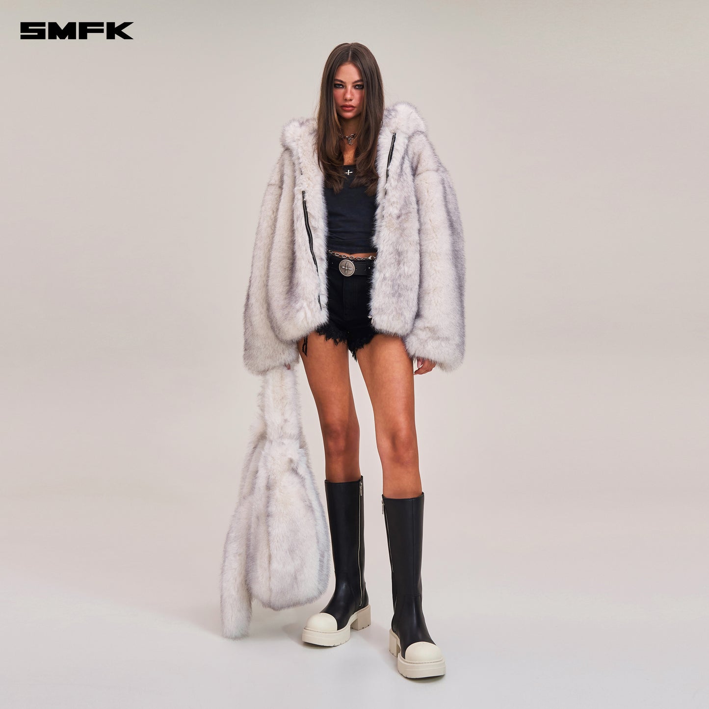 COMPASS MODE WASTELAND FURRY LOOSE HOODIE/ ARCTIC FOX WHITE
