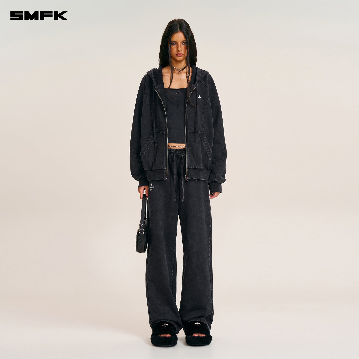 VINTAGE-SAVAGE LOOSE SPORTS ZIP HOODIE/FADE DYE/ WILD BLACK