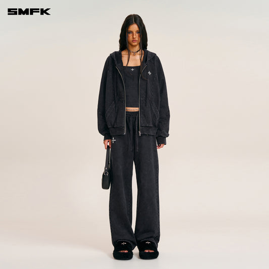 VINTAGE-SAVAGE LOOSE SPORTS ZIP HOODIE/FADE DYE/ WILD BLACK