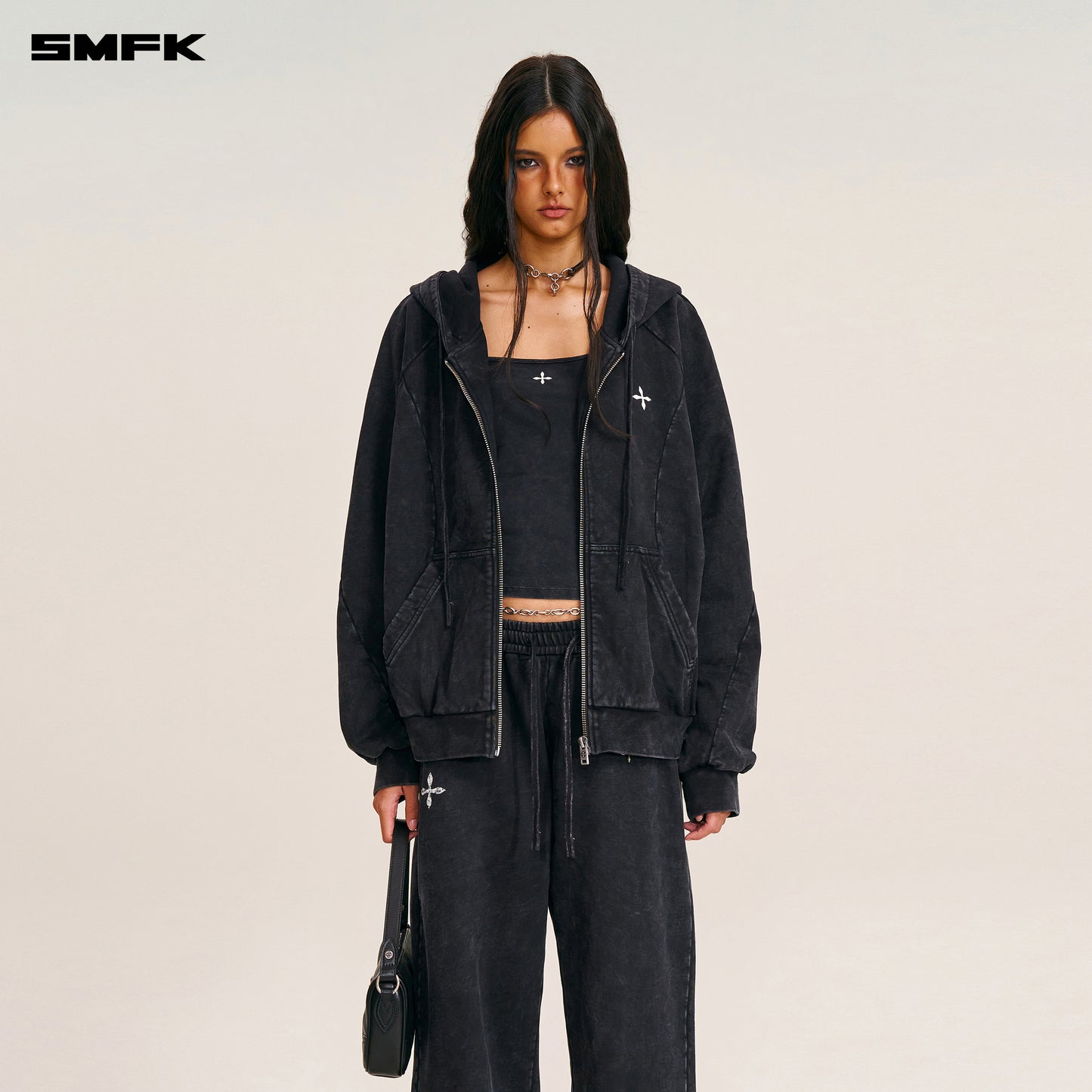 VINTAGE-SAVAGE LOOSE SPORTS ZIP HOODIE/FADE DYE/ WILD BLACK