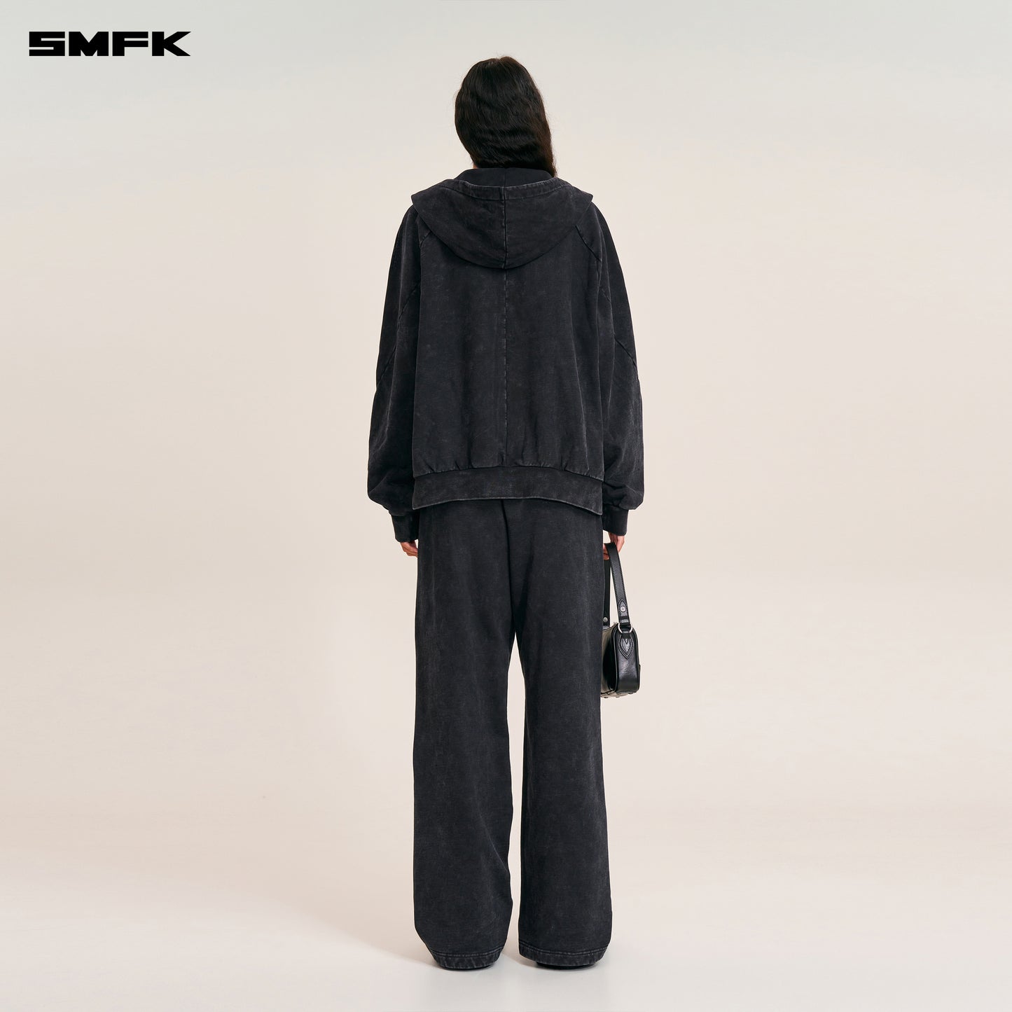 VINTAGE-SAVAGE LOOSE SPORTS ZIP HOODIE/FADE DYE/ WILD BLACK