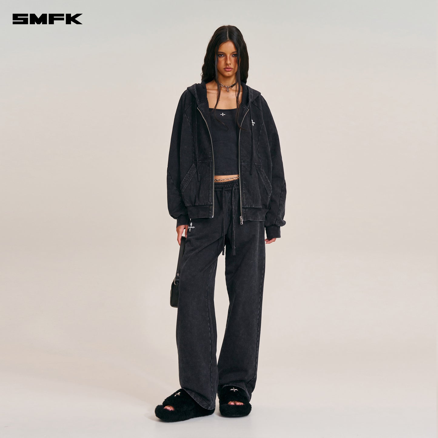 VINTAGE-SAVAGE LOOSE SPORTS ZIP HOODIE/FADE DYE/ WILD BLACK