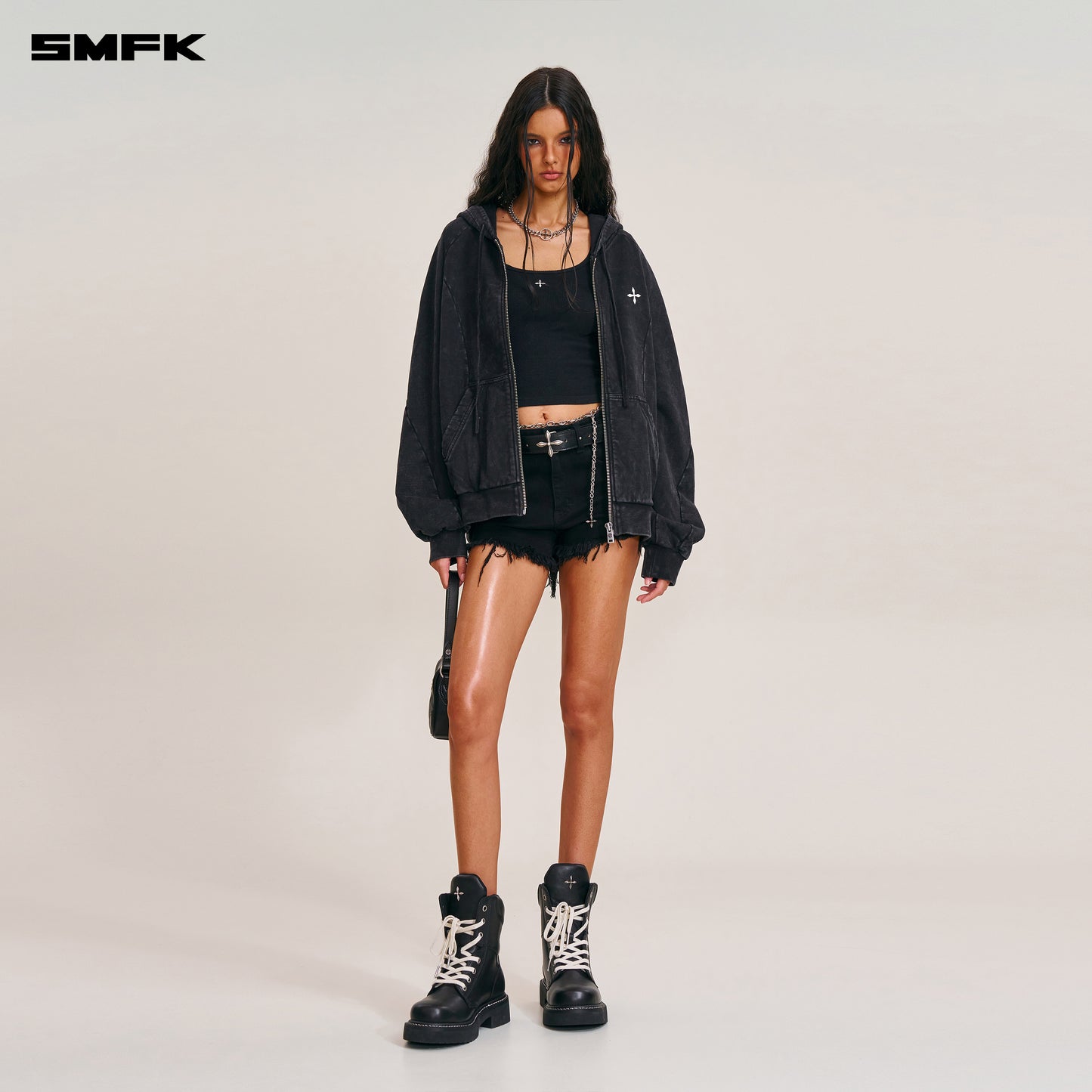 VINTAGE-SAVAGE LOOSE SPORTS ZIP HOODIE/FADE DYE/ WILD BLACK