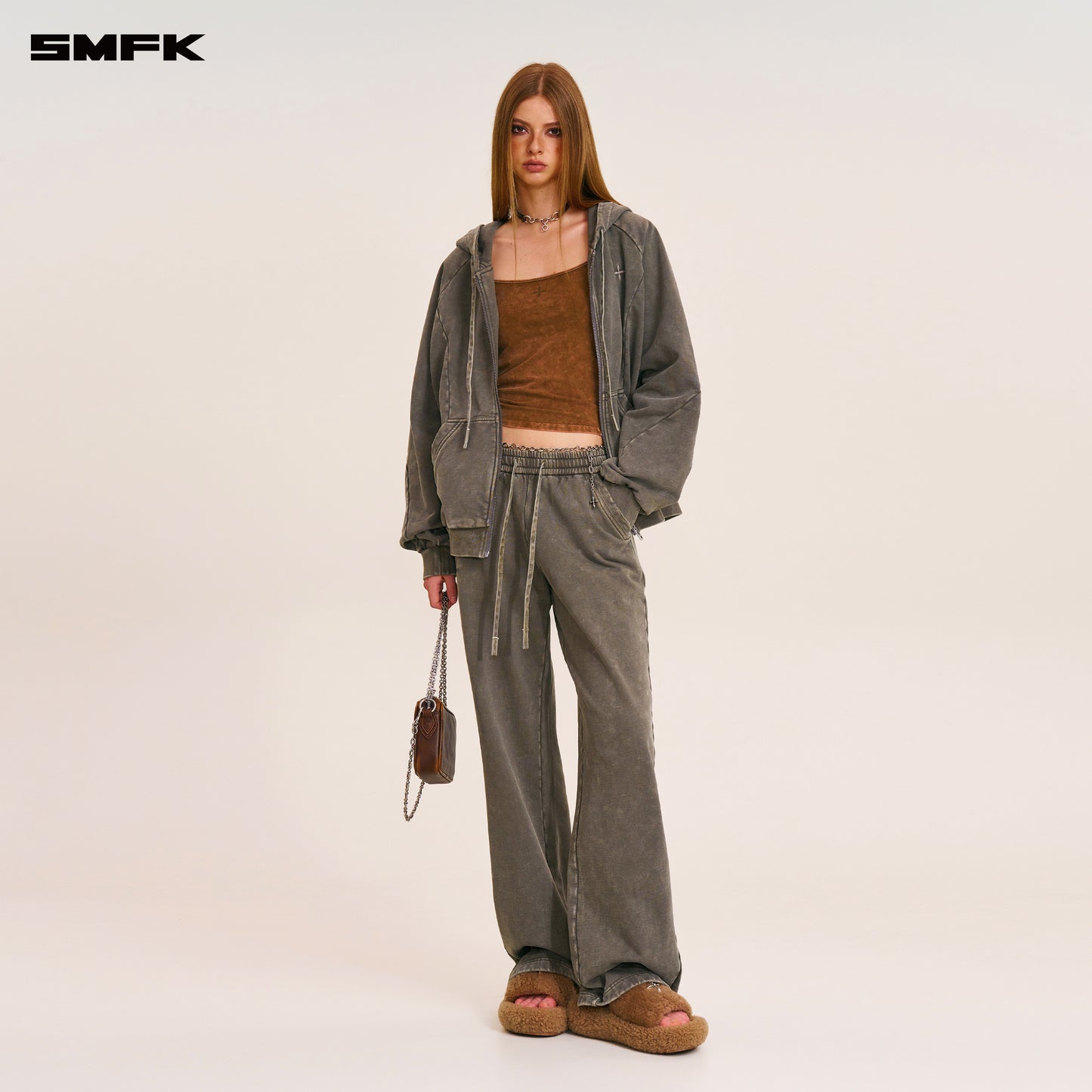 VINTAGE-SAVAGE LOOSE SPORTS ZIP HOODIE/FADE DYE/ WILD BROWN