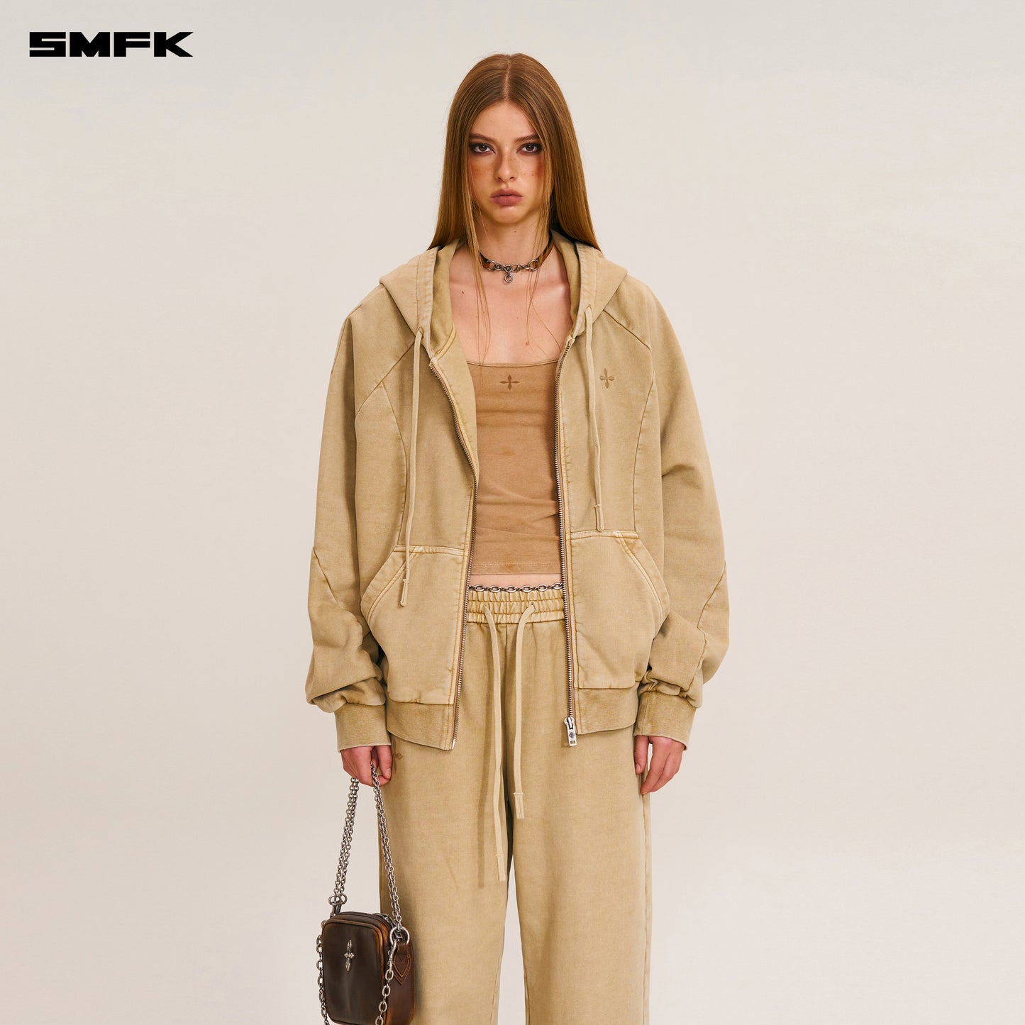 VINTAGE-SAVAGE LOOSE SPORTS ZIP HOODIE/FADE DYE/ FADING DESERT