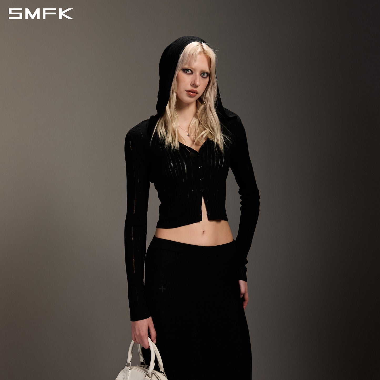 MIRAGE SIREN VISIONAL KNIT HOOD CARDIGAN/TENCEL+SILK