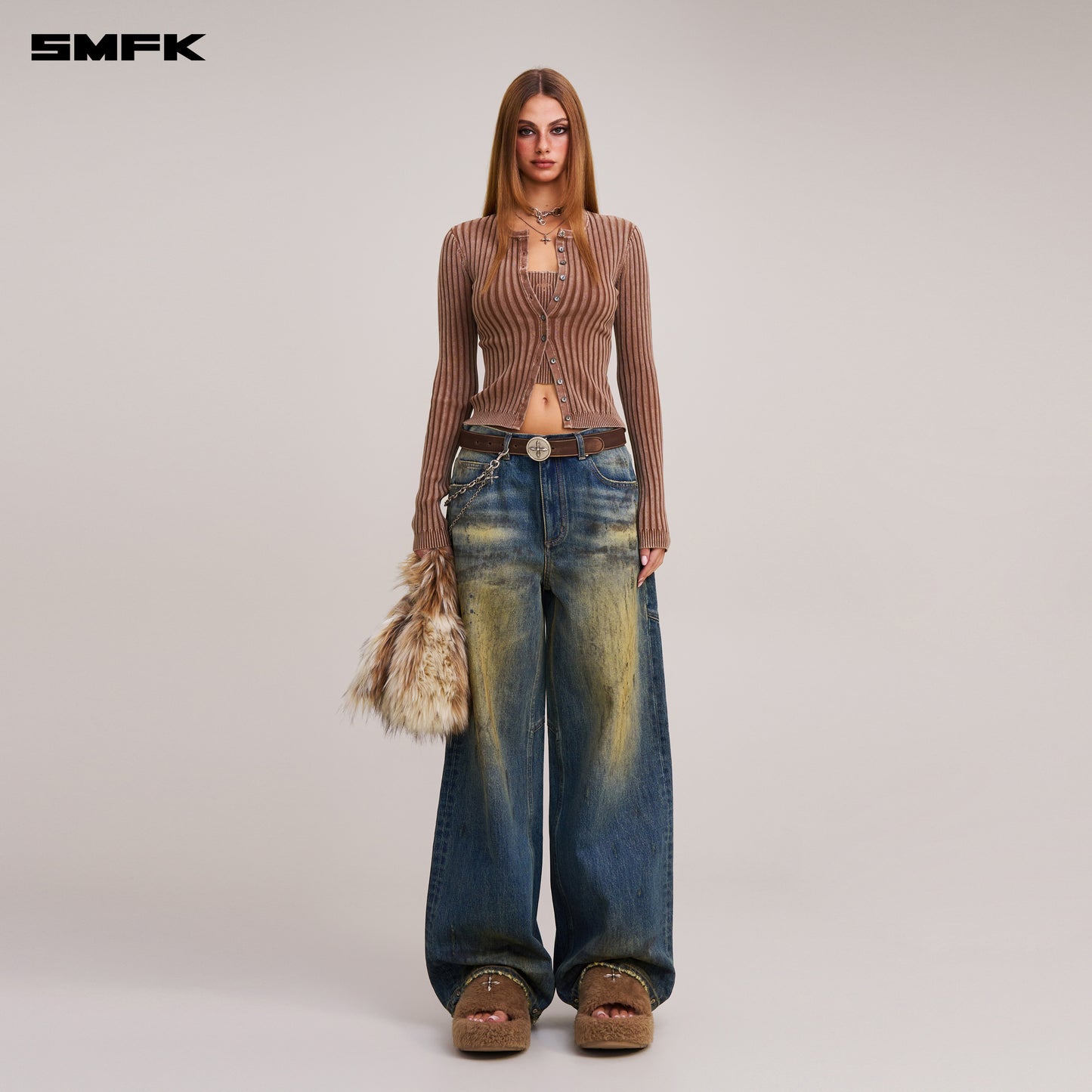 VINTAGE-SAVAGE KNIT CARDIGAN/STONE WASH/ VANISH BROWN