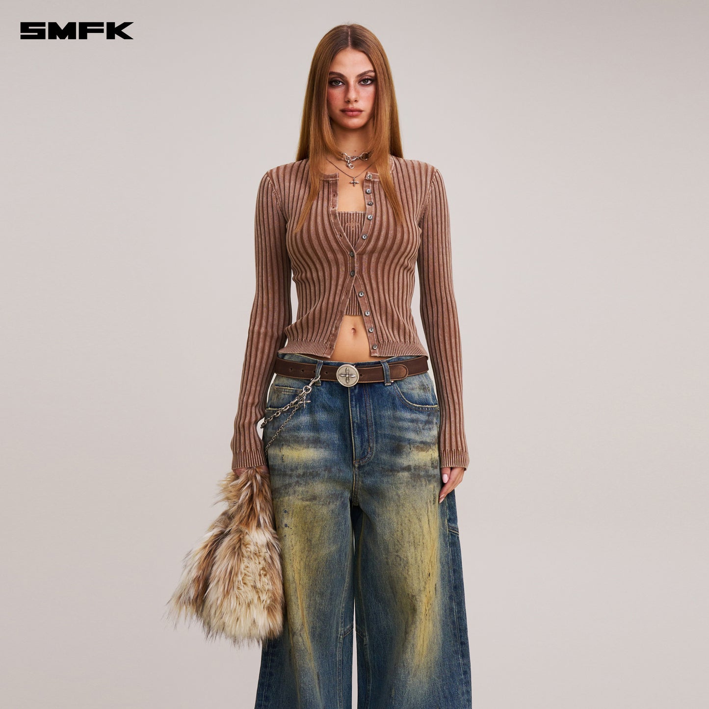 VINTAGE-SAVAGE KNIT CARDIGAN/STONE WASH/ VANISH BROWN
