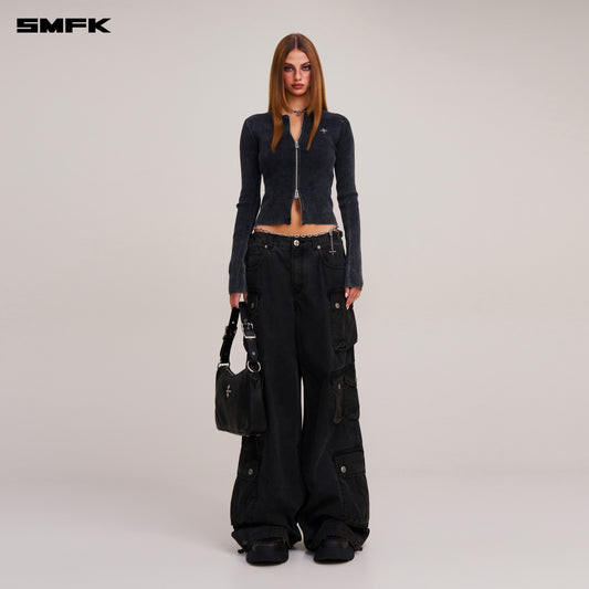 VINTAGE-SAVAGE ZIP KNIT CARDIGAN/STONE WASH/ VANISH BLACK