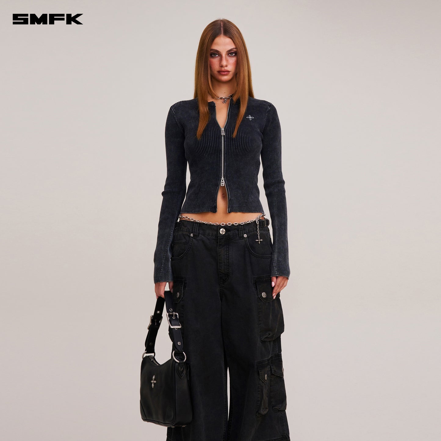 VINTAGE-SAVAGE ZIP KNIT CARDIGAN/STONE WASH/ VANISH BLACK