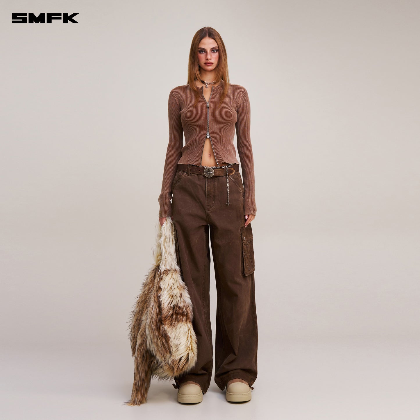 VINTAGE-SAVAGE ZIP KNIT CARDIGAN/STONE WASH/ VANISH BROWN