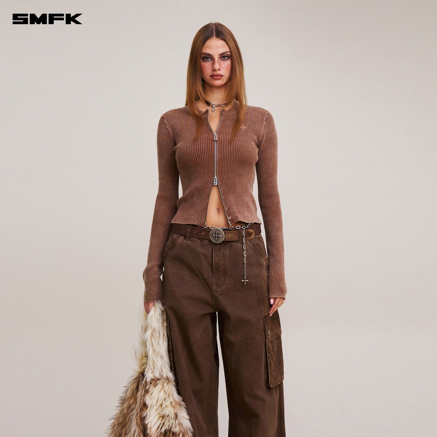 VINTAGE-SAVAGE ZIP KNIT CARDIGAN/STONE WASH/ VANISH BROWN