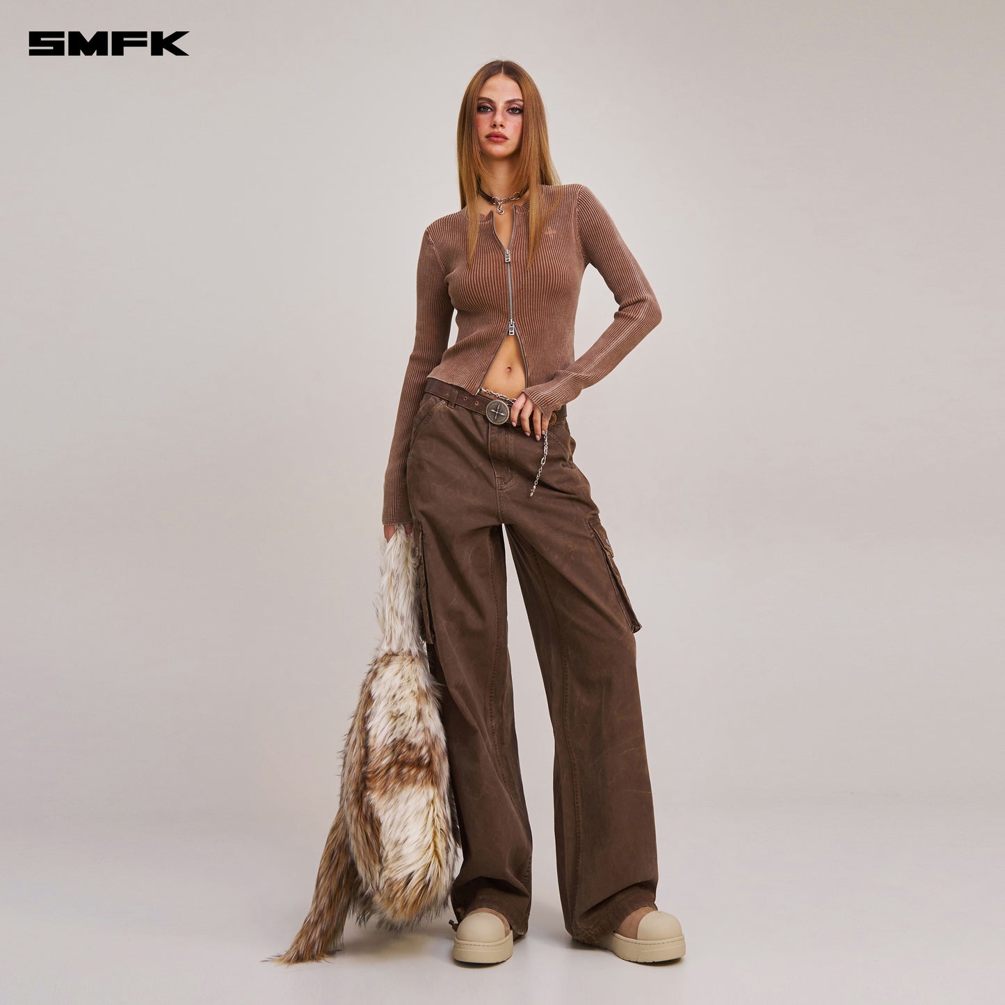 VINTAGE-SAVAGE ZIP KNIT CARDIGAN/STONE WASH/ VANISH BROWN