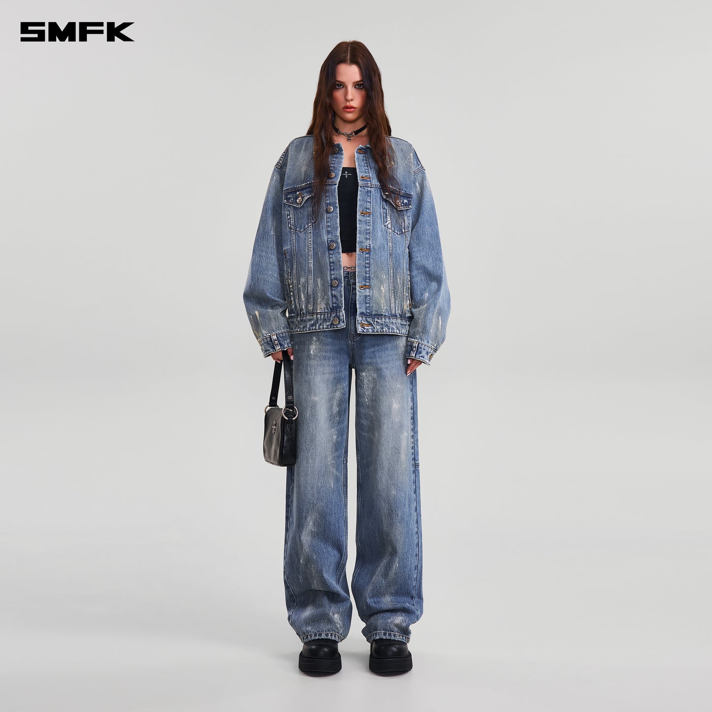 COMPASS MODE TIDE LOOSE STRAIGHT DENIM PANTS/ MARINE BLUE