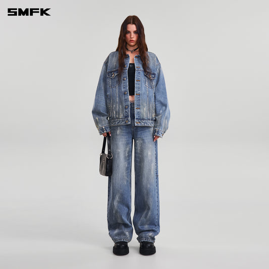 COMPASS MODE TIDE LOOSE STRAIGHT DENIM PANTS/ MARINE BLUE
