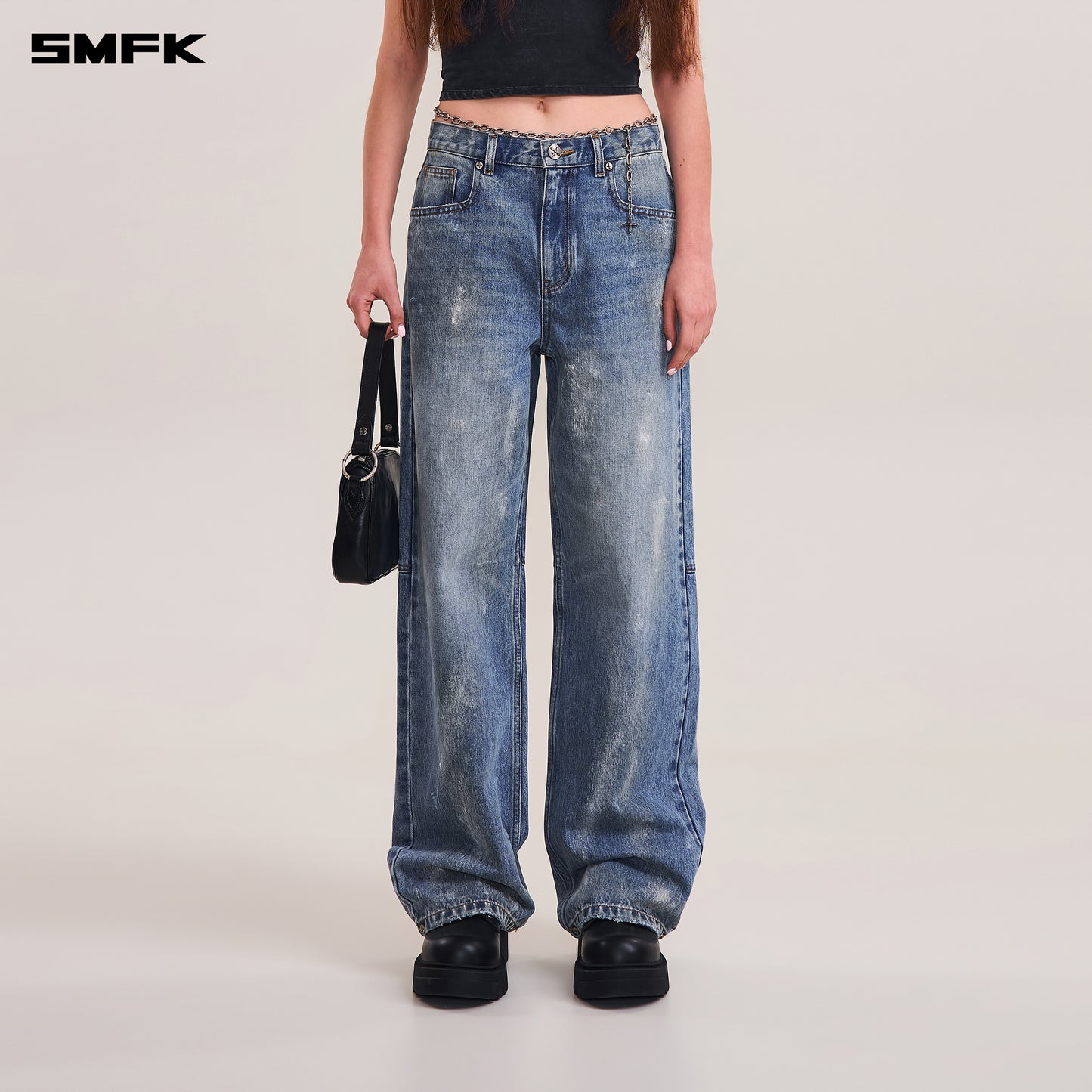 COMPASS MODE TIDE LOOSE STRAIGHT DENIM PANTS/ MARINE BLUE