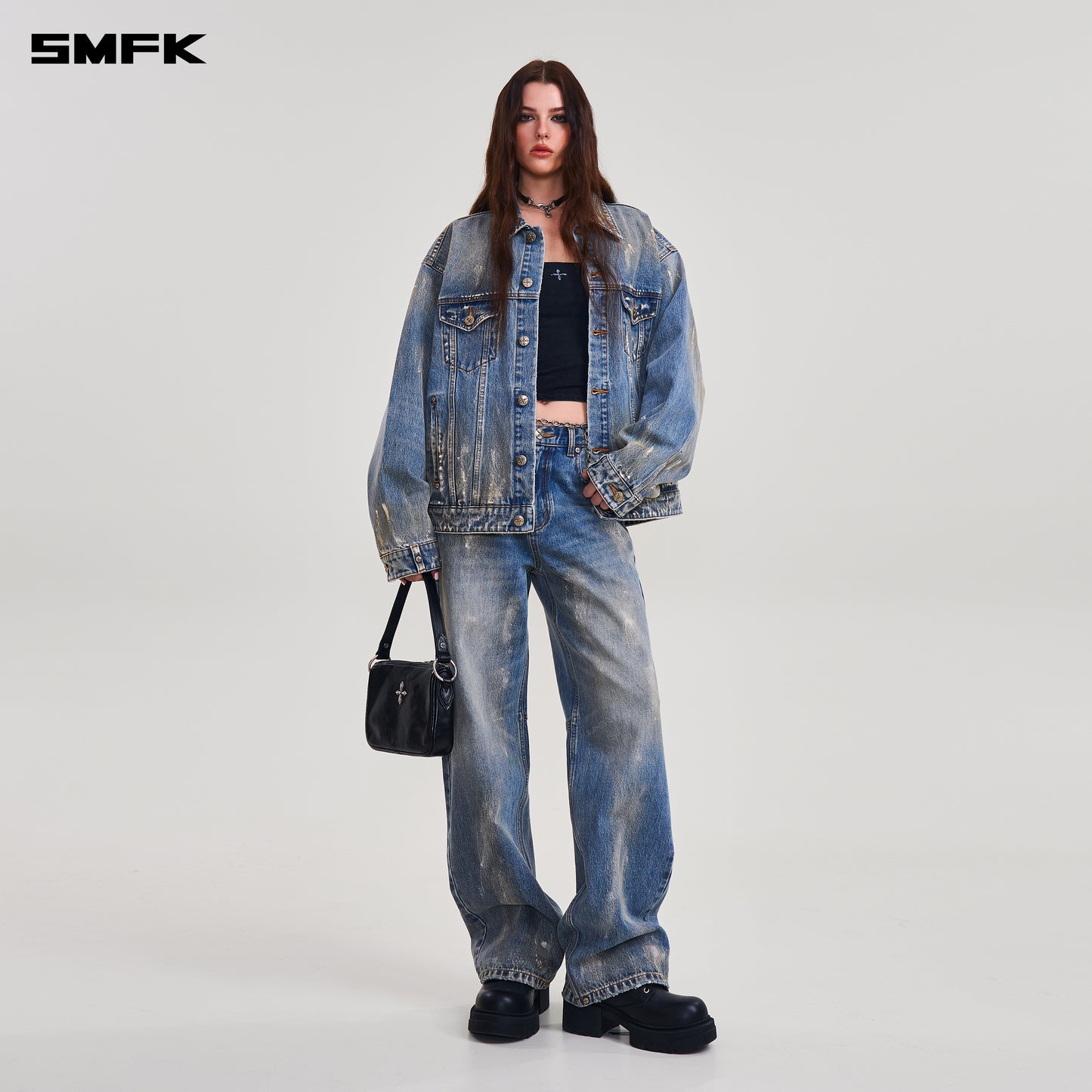 COMPASS MODE TIDE LOOSE STRAIGHT DENIM PANTS/ MARINE BLUE