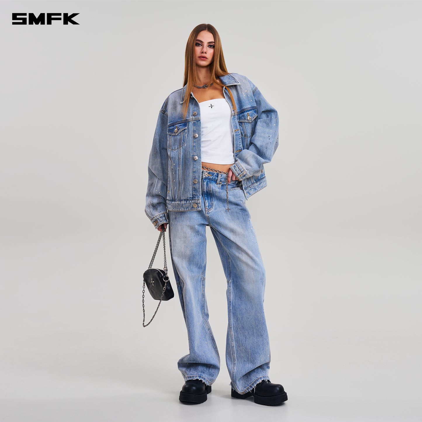 COMPASS MODE LOOSE STRAIGHT DENIM PANTS/ SKY BLUE