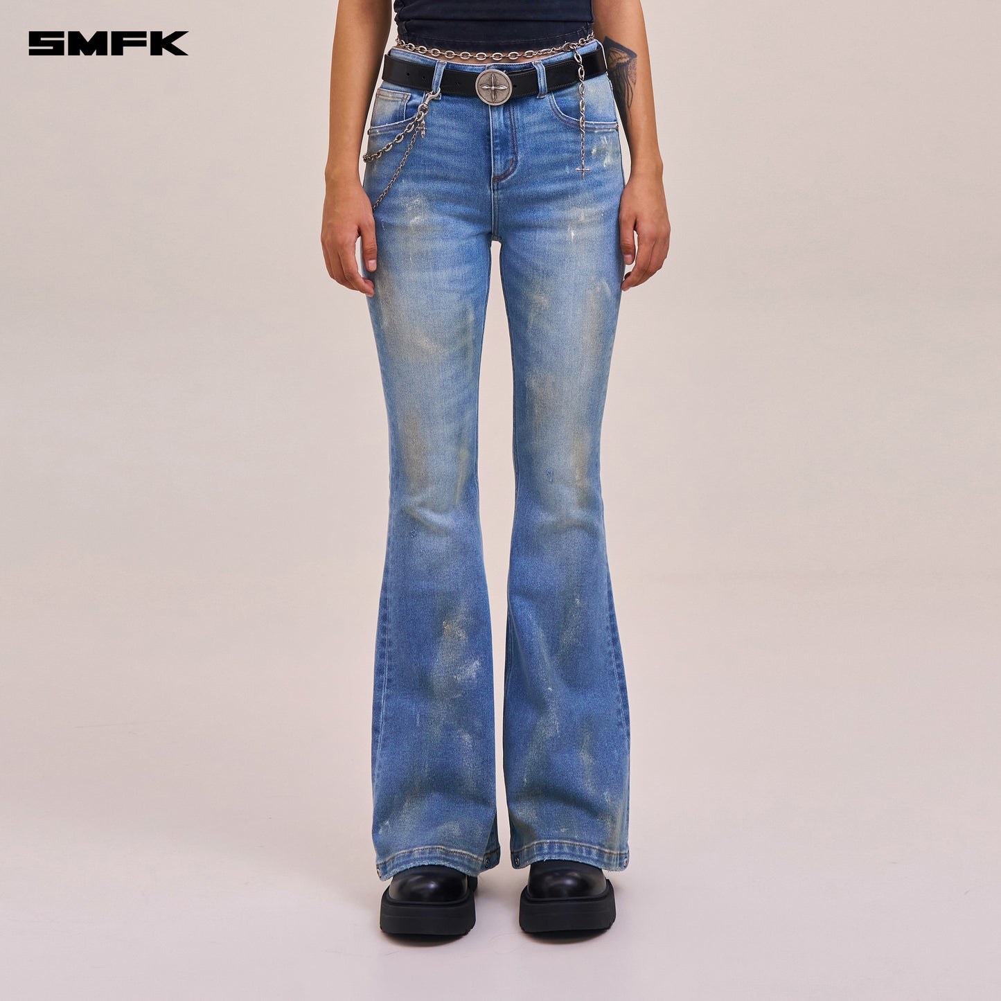 COMPASS MODE TIDE HUNRRICANE HANDPAINTED TOWER DENIM PANTS/ MARINE BLUE