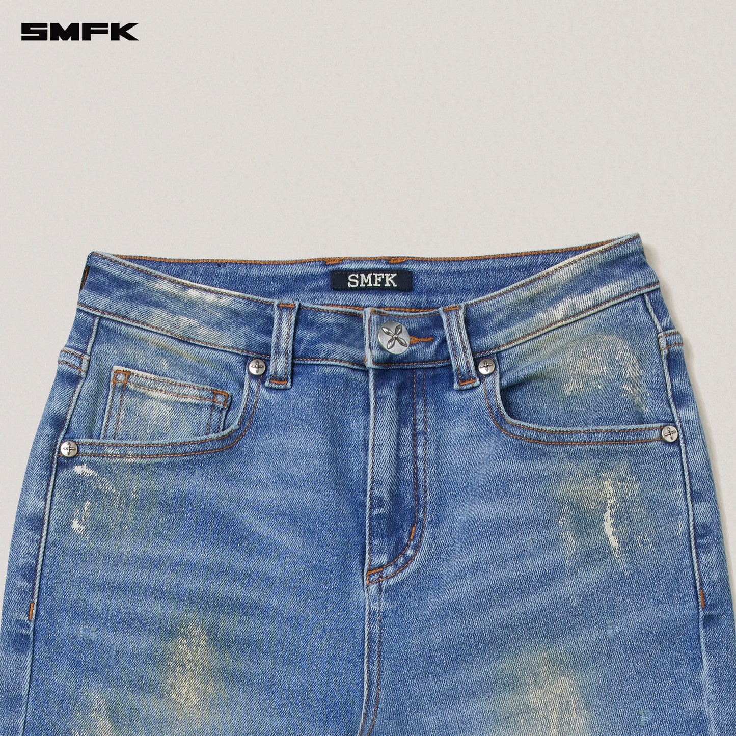 COMPASS MODE TIDE HUNRRICANE HANDPAINTED TOWER DENIM PANTS/ MARINE BLUE