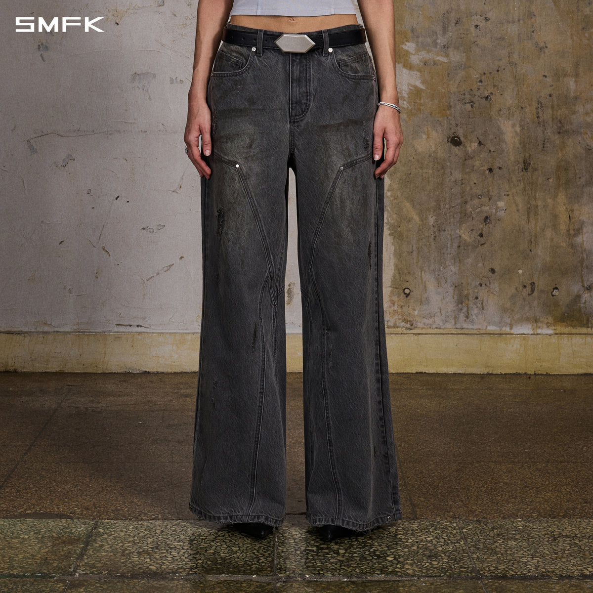 MIRAGE MODE FLARED DENIM PANTS/COTTON/M