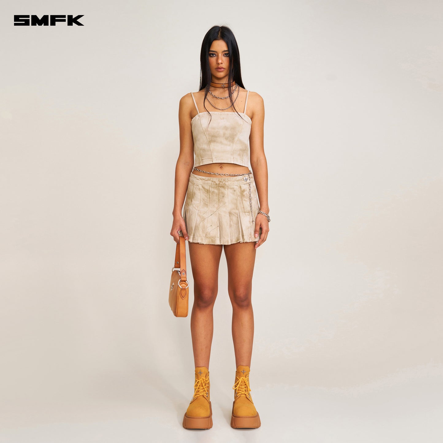 RAGE WILD DENIM PLEATED SKIRT_ WILD BROWN