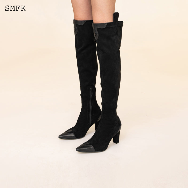 COMPASS CROSS BLACK VELVET OVER-THE-KNEE BOOTS