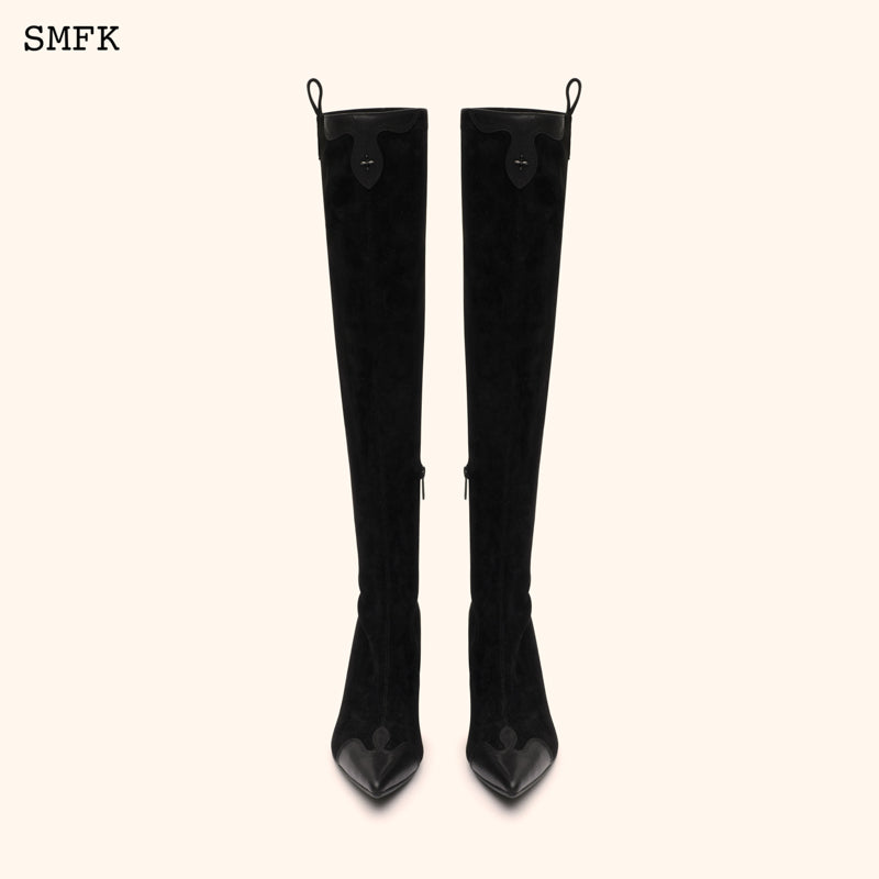 COMPASS CROSS BLACK VELVET OVER-THE-KNEE BOOTS