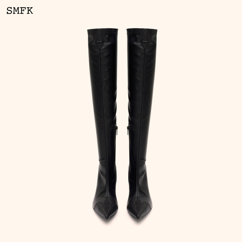 COMPASS CROSS BLACK LEATHER OVER-THE-KNEE BOOTS