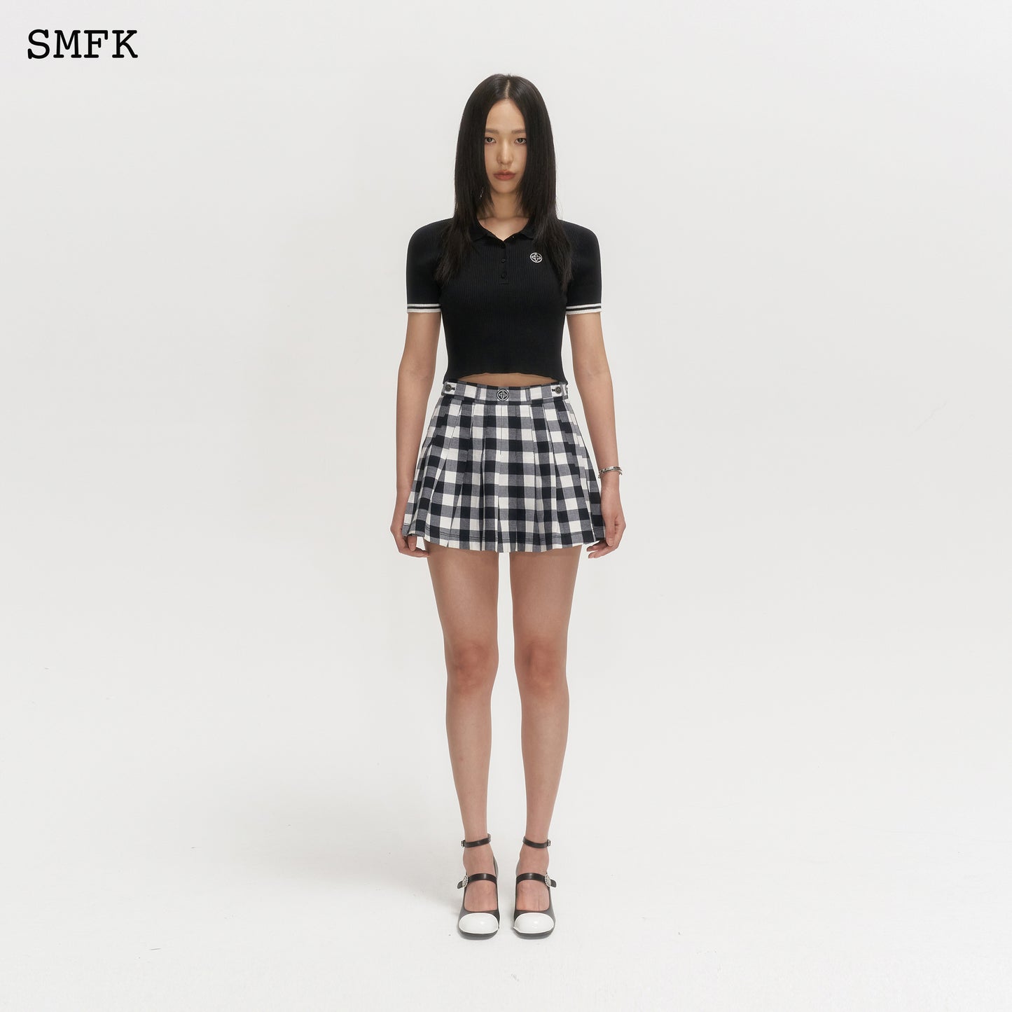 GRASSLAND BLACK AND WHITE CHECKERED PLEATED SKIRT